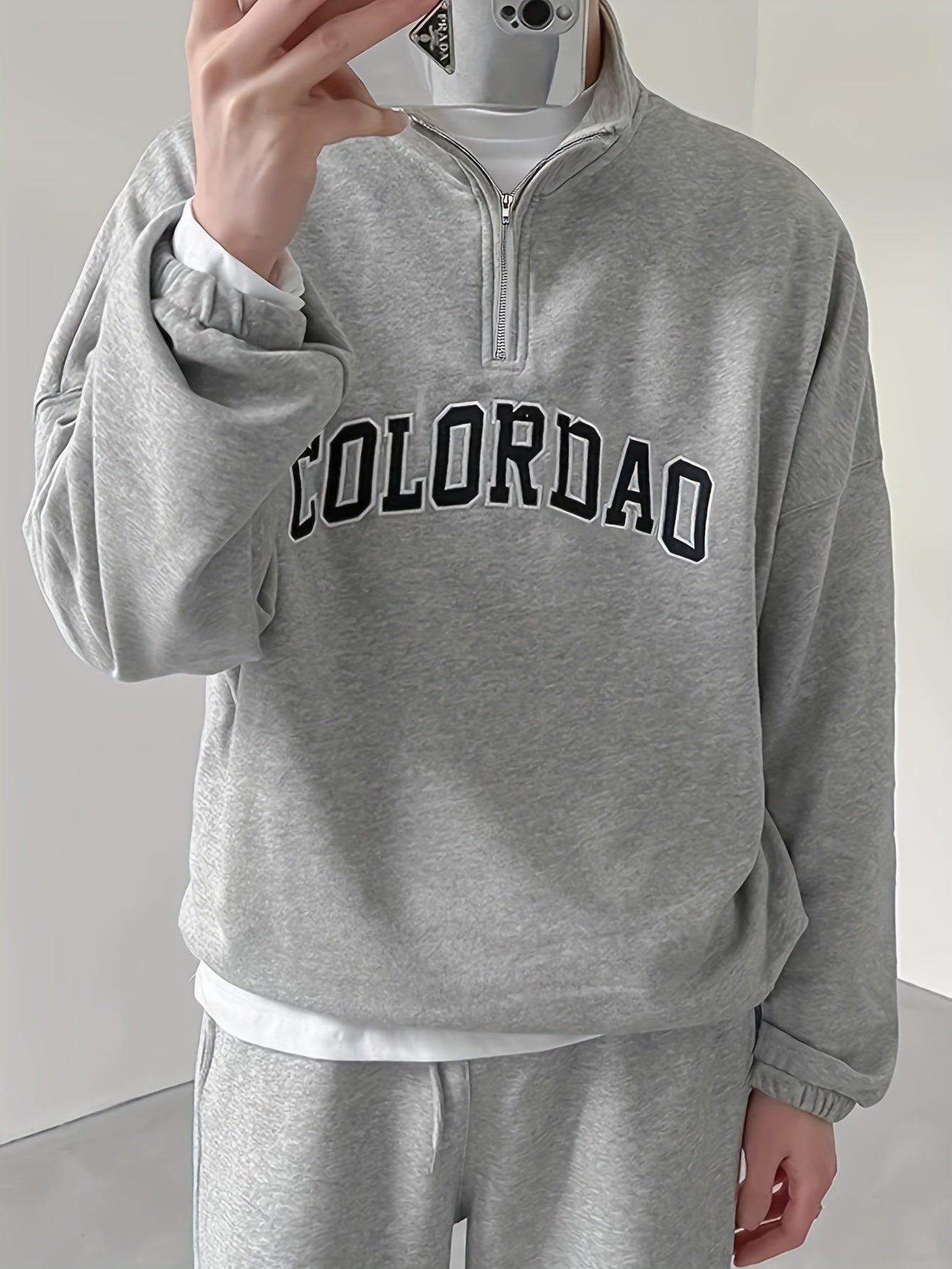 Gray vintage sweatshirt for men, spring and autumn, with letters, Korean style, can be worn in layers, loose long sleeves, half zipper on