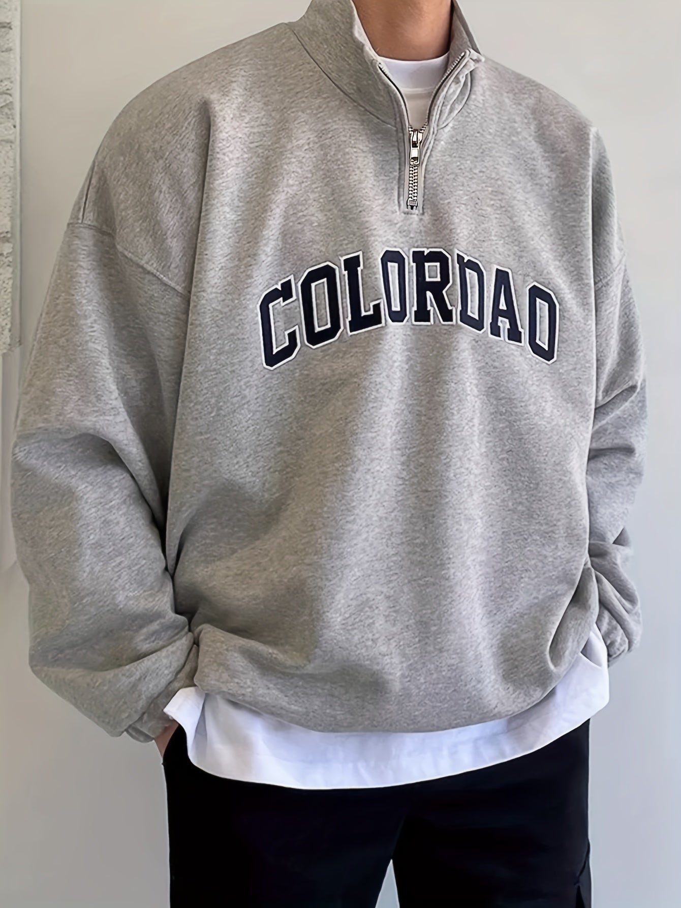 Gray vintage sweatshirt for men, spring and autumn, with letters, Korean style, can be worn in layers, loose long sleeves, half zipper on