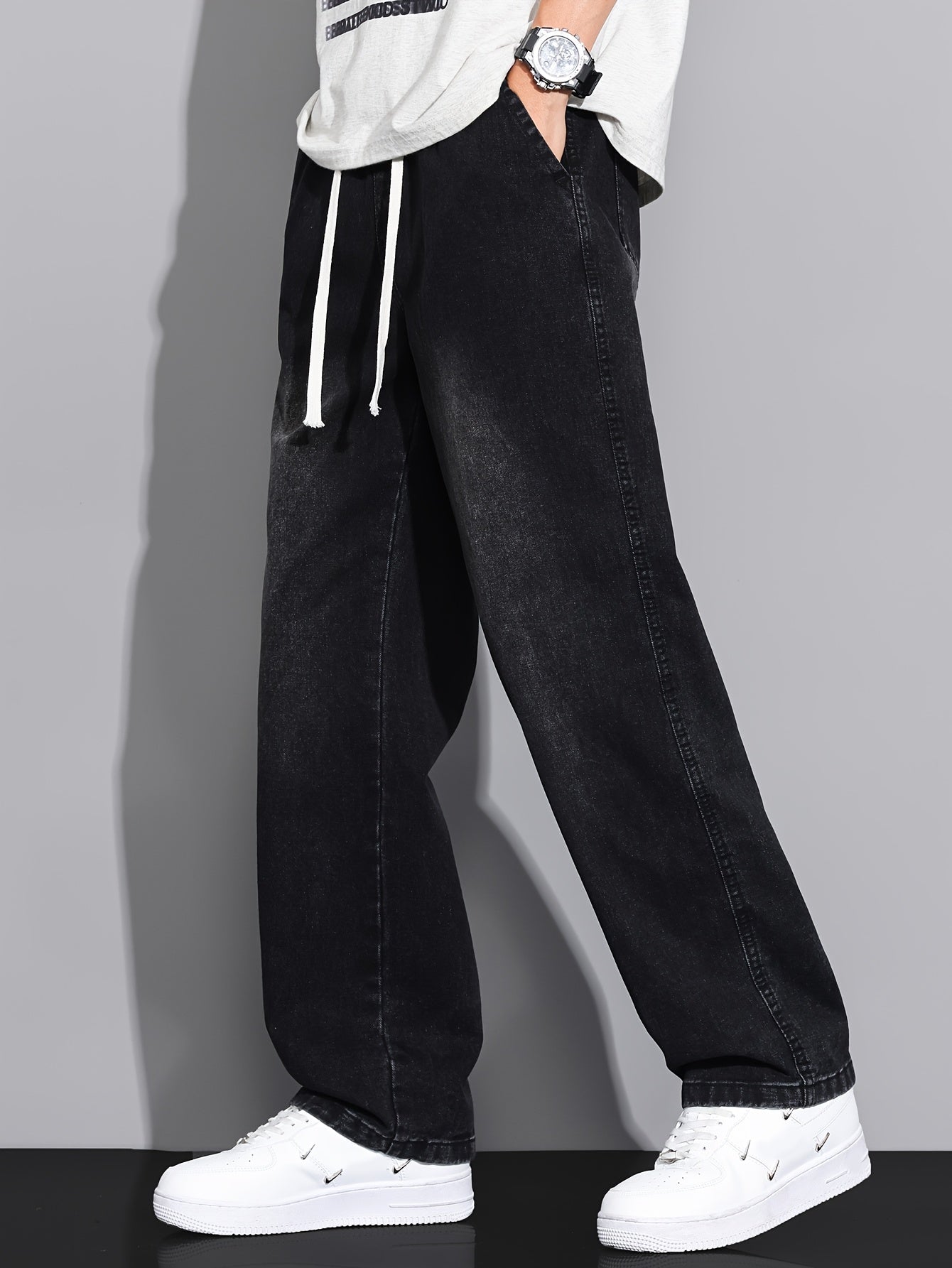 Men's Straight-Leg Jeans - Non-Stretch Denim Pants with Drawstring Waist