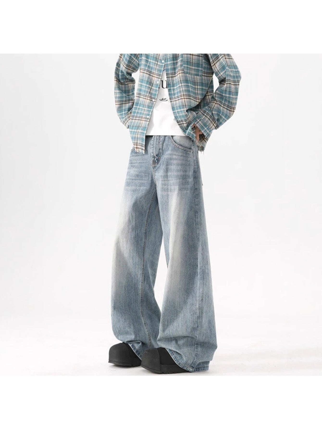 New washed blue jeans Men's summer high street versatile casual wide leg trousers loose wide leg trousers
