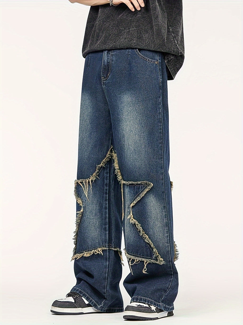 Men'S Fashion Trend Loose Straight-leg Faux Denim, High Street Five-pointed Star Pattern