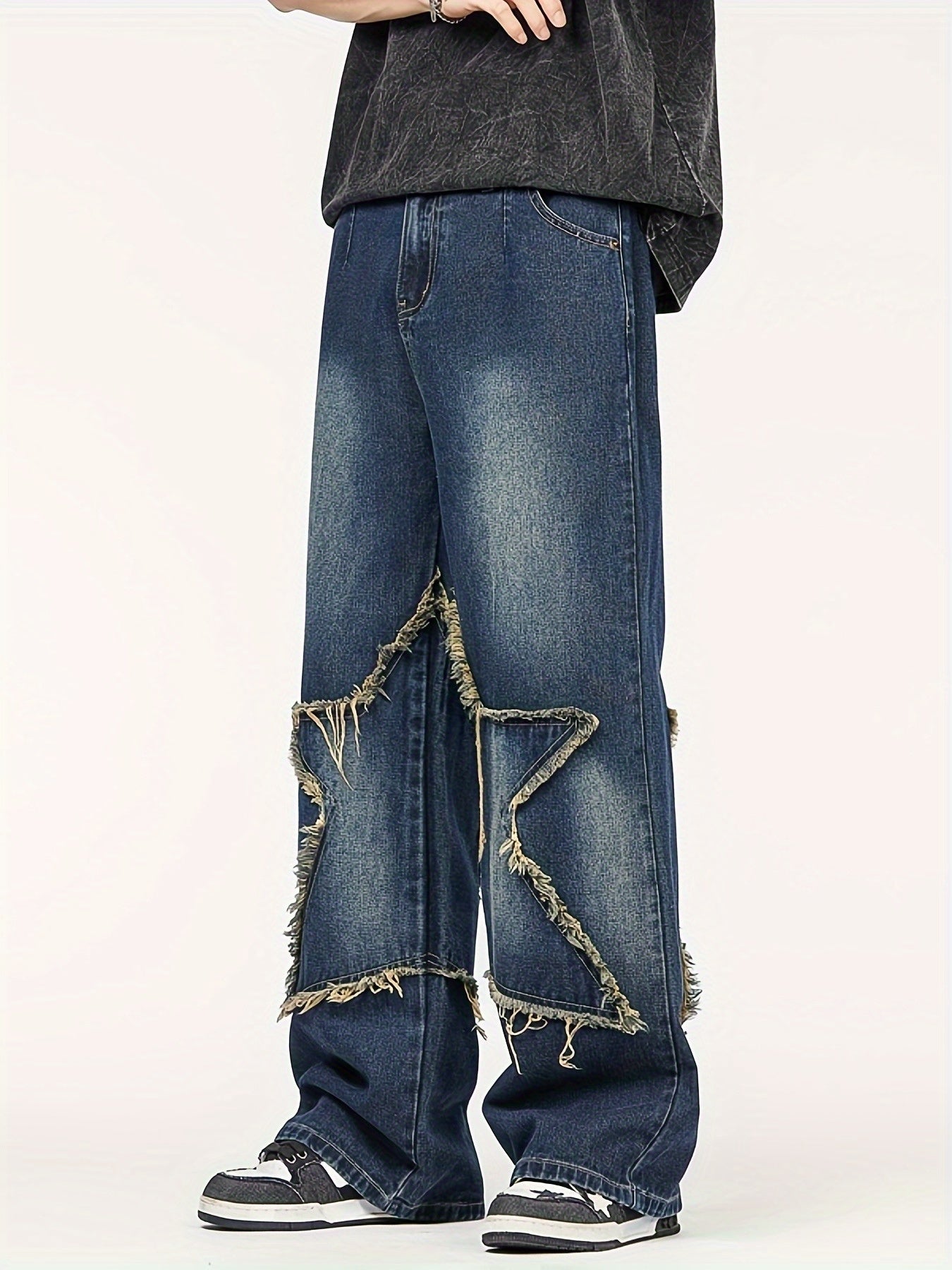 Men'S Fashion Trend Loose Straight-leg Faux Denim, High Street Five-pointed Star Pattern