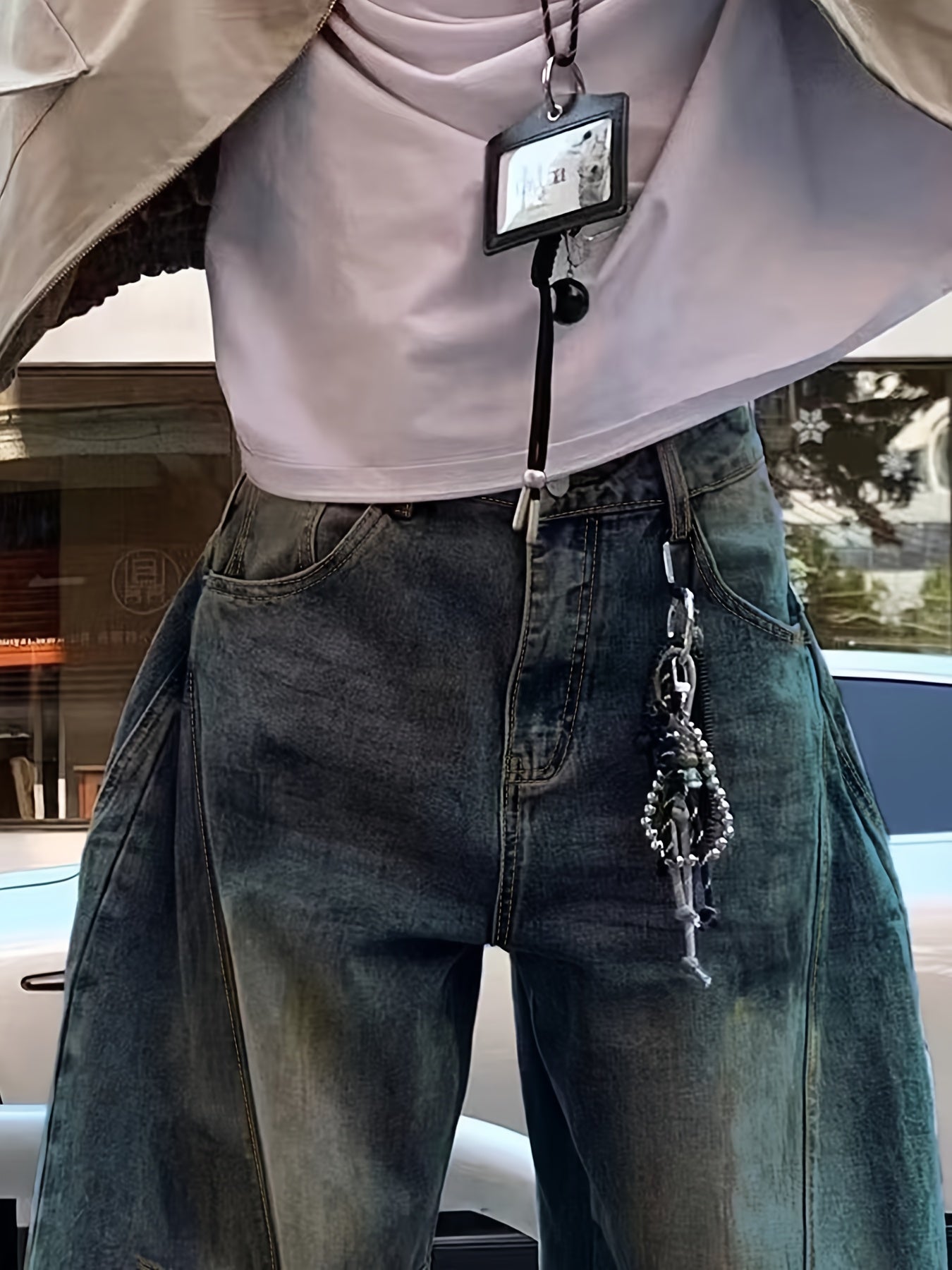 Men'S Vintage Washed Loose Faux Denim - High Street Style, Loose Fit, All-Season Comfort