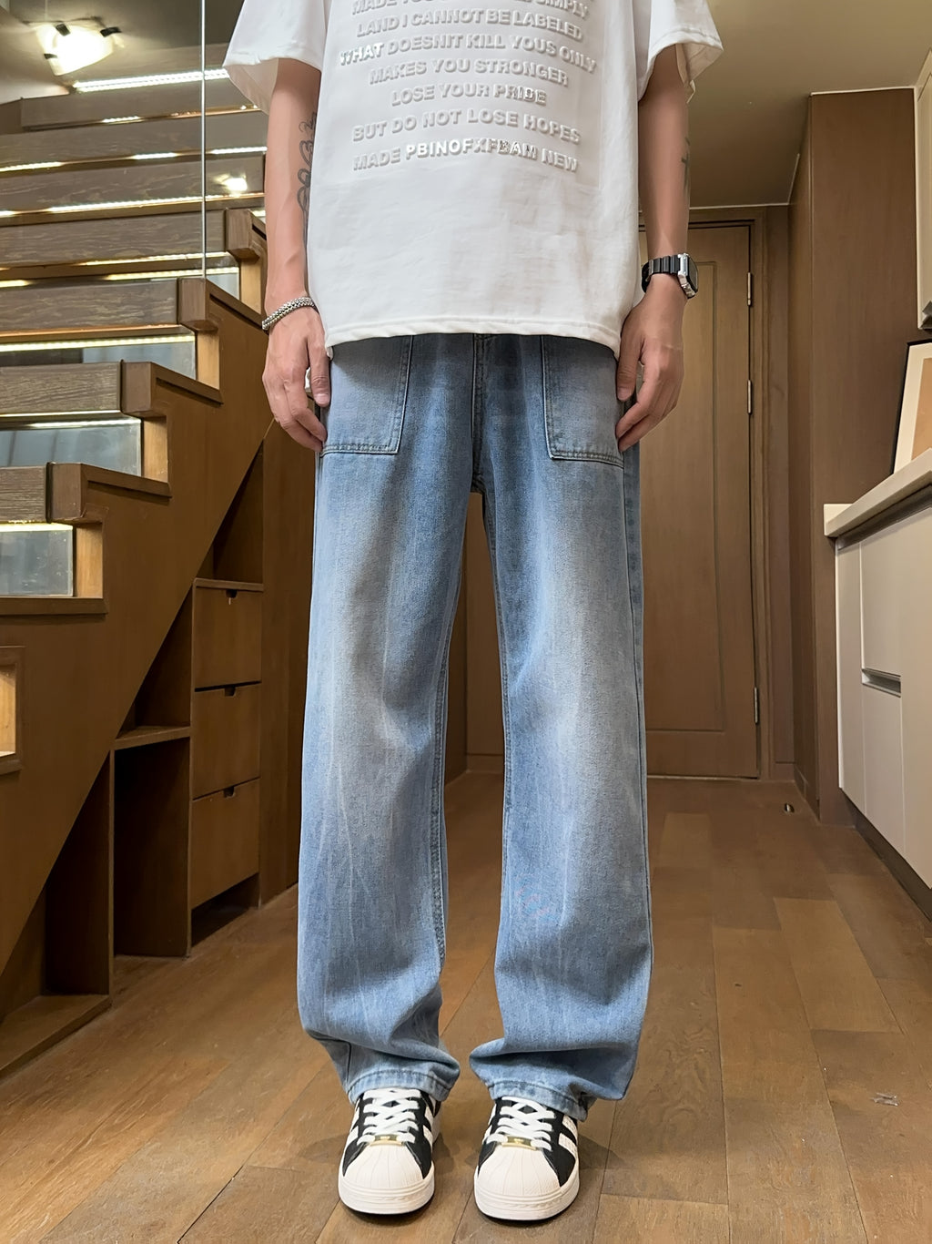 Men's Retro High Waisted Wide Leg Jeans - Straight Leg Mop Pants with Belt & Pockets