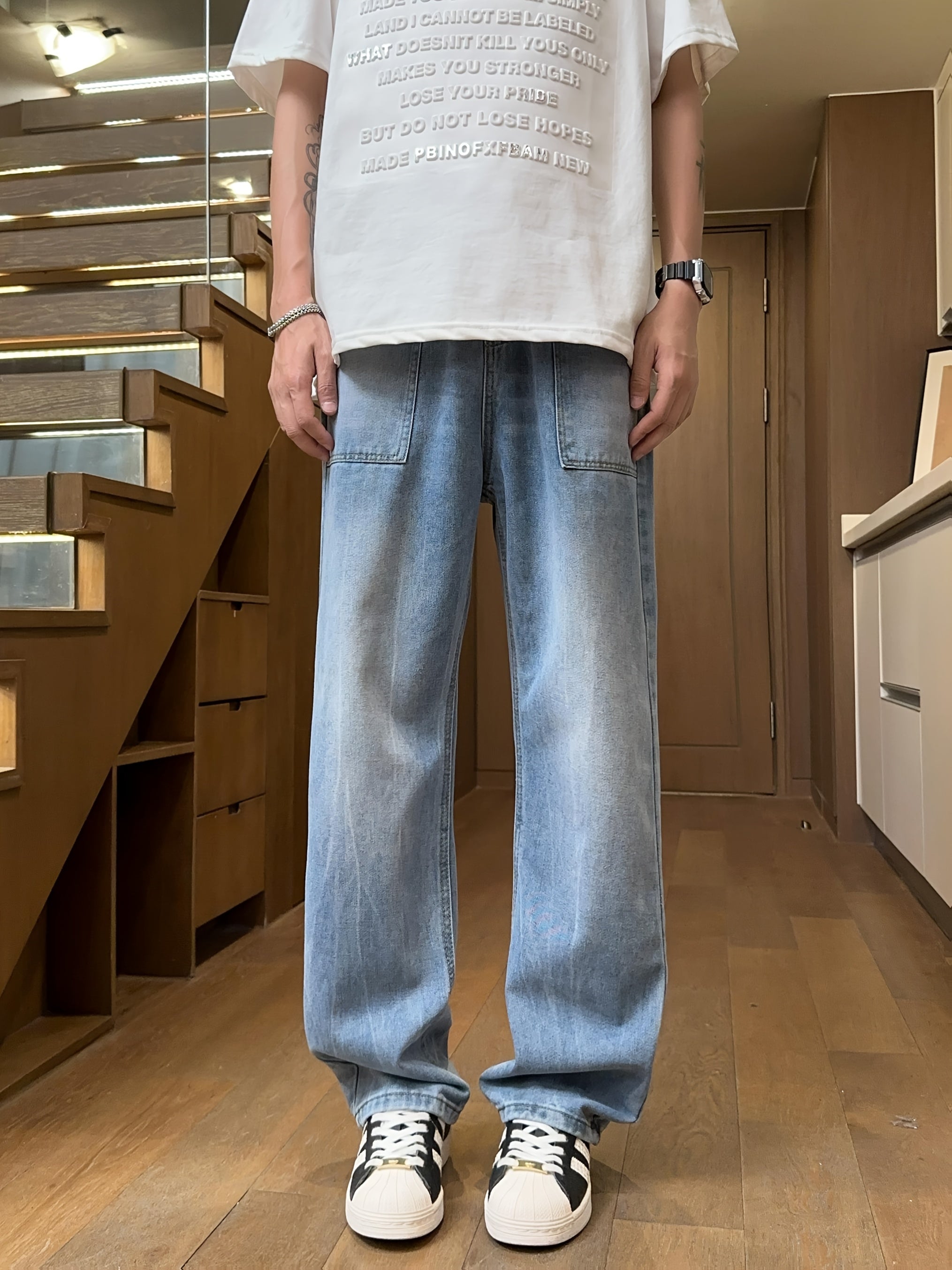 Men's Retro High Waisted Wide Leg Jeans - Straight Leg Mop Pants with Belt & Pockets