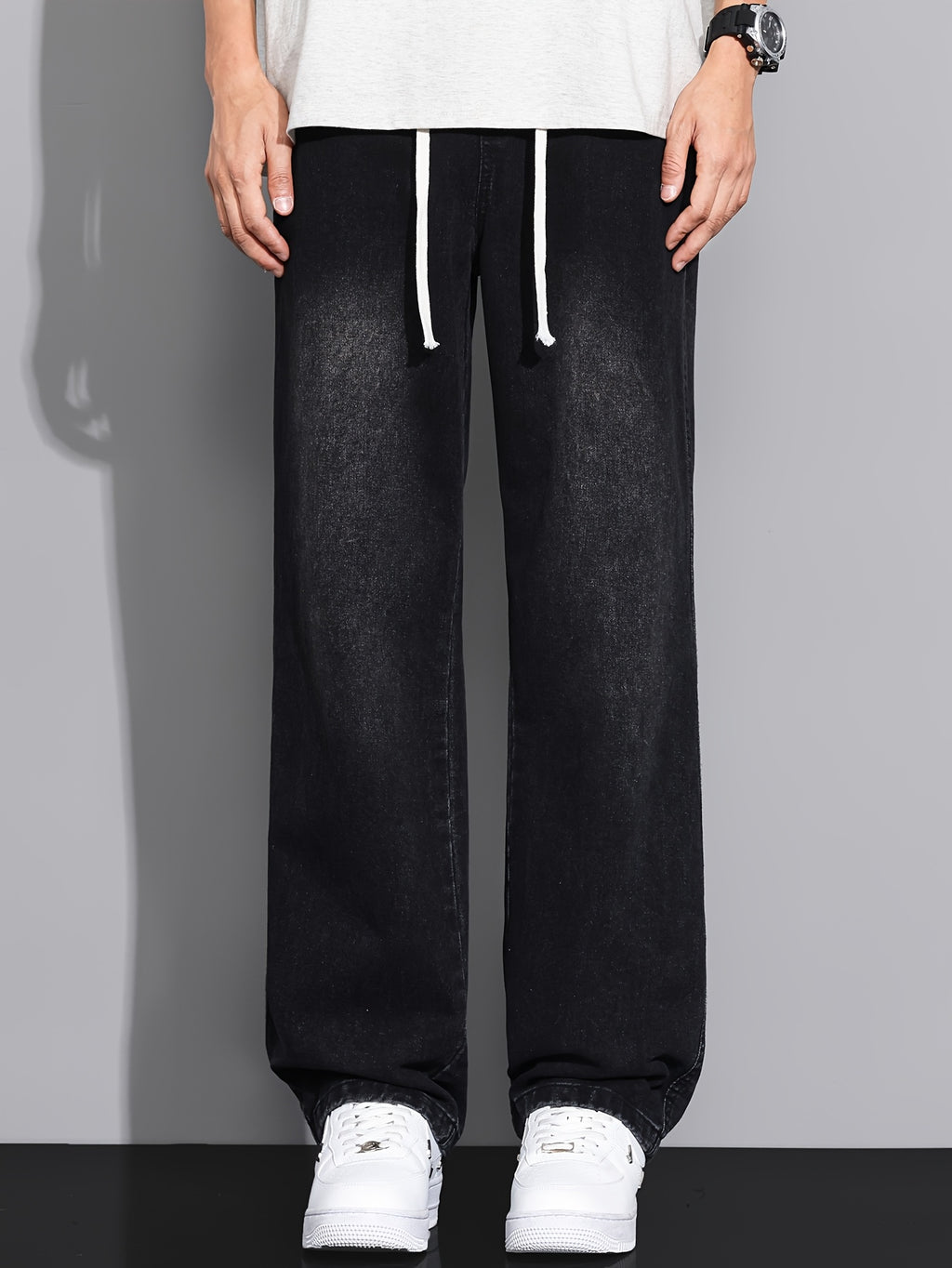 Men's Straight-Leg Jeans - Non-Stretch Denim Pants with Drawstring Waist