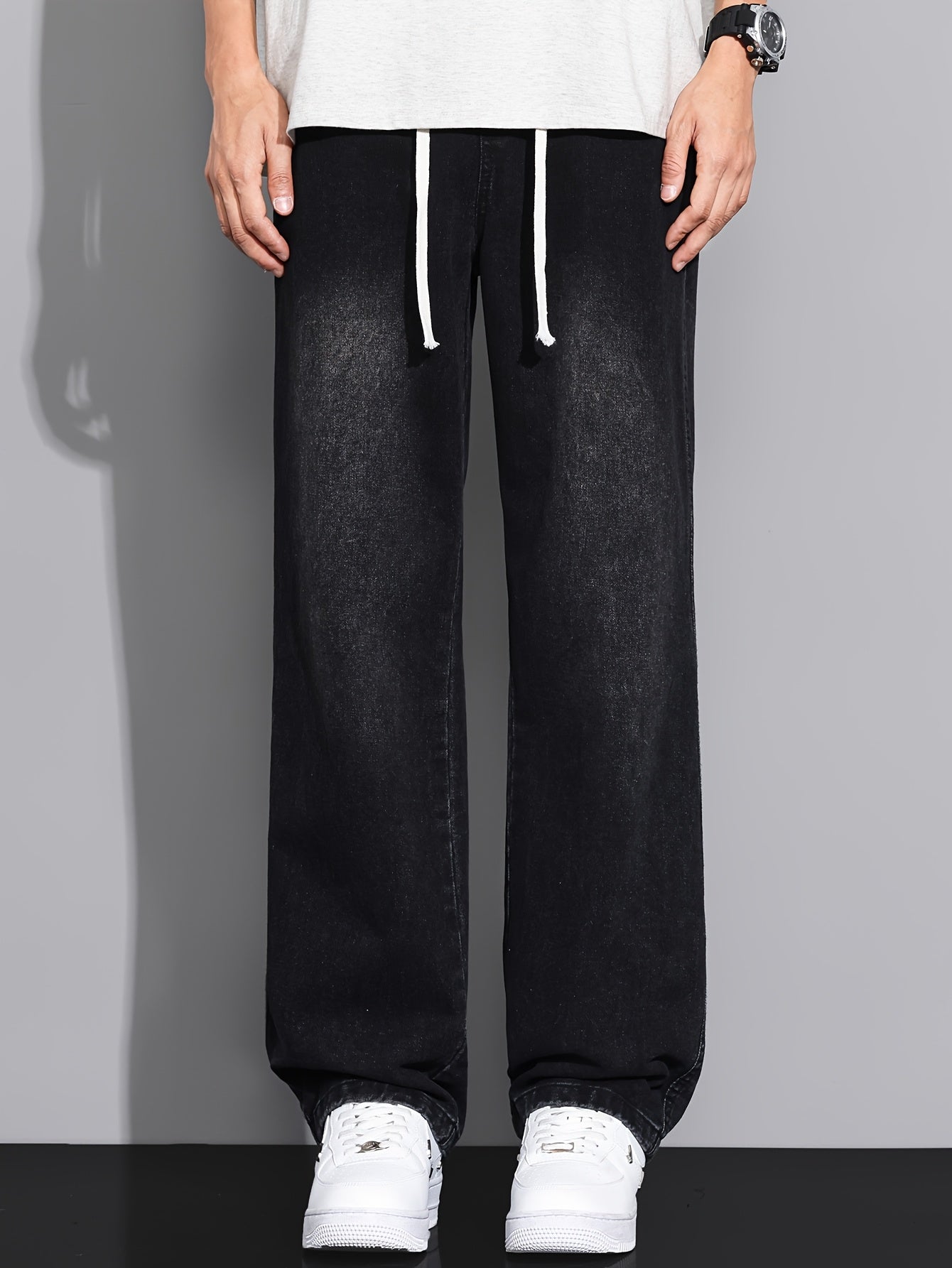 Men's Straight-Leg Jeans - Non-Stretch Denim Pants with Drawstring Waist