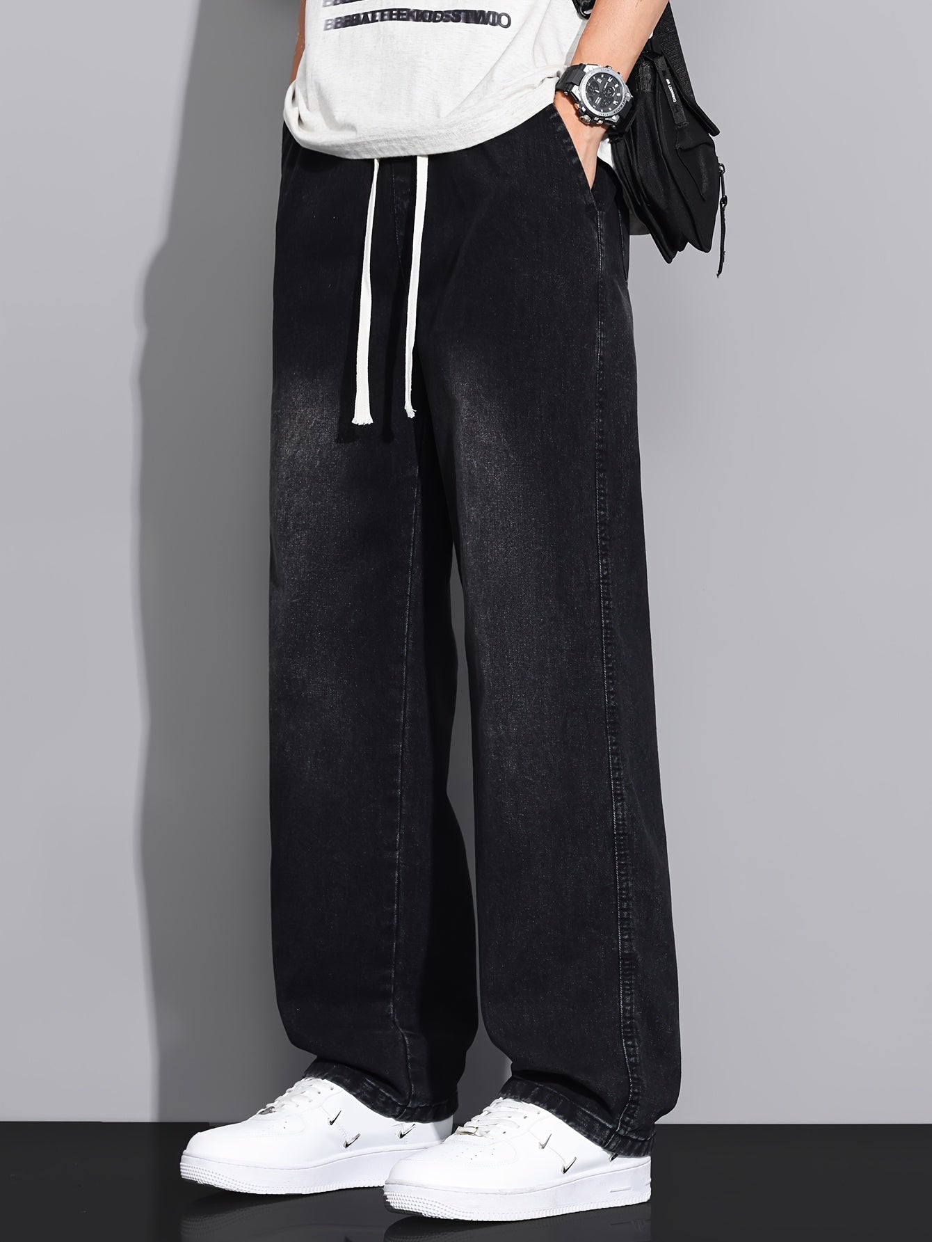 Men's Straight-Leg Jeans - Non-Stretch Denim Pants with Drawstring Waist