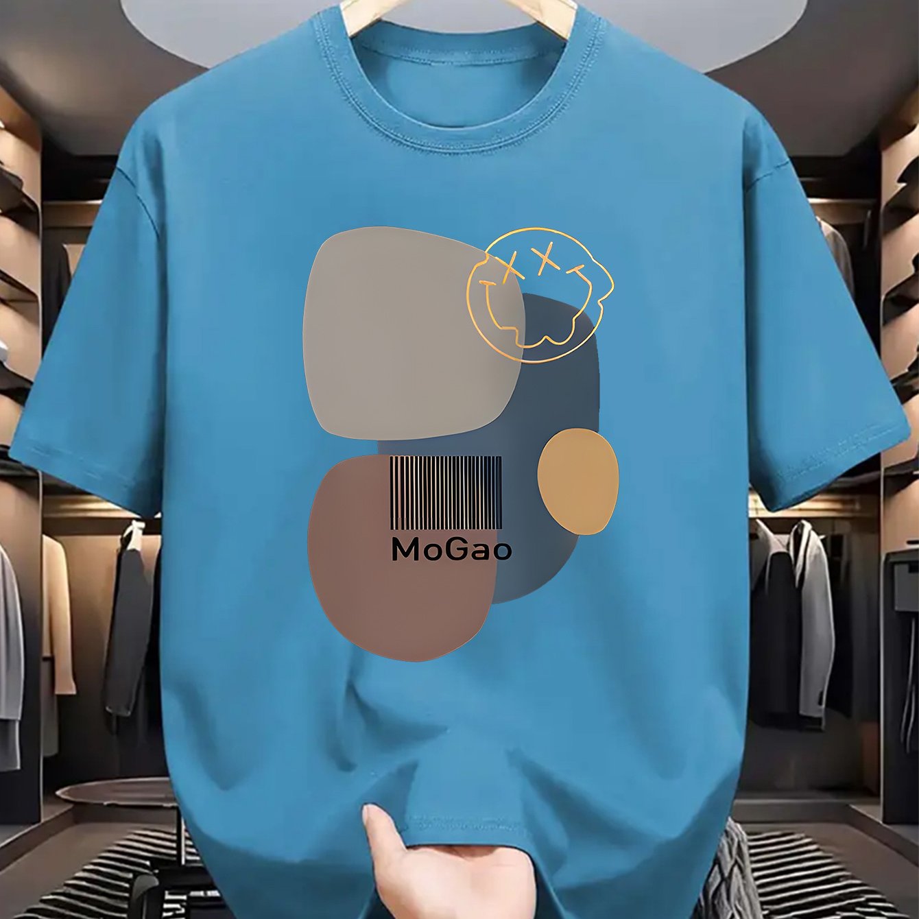 Mogao Men's Casual Short Sleeve T-Shirt - Light Blue Abstract Geometric Print, Breathable Summer Fabric, Regular Fit Round Neck, Machine Washable for Casual Attire, Versatile Fashion Top, Modern Aesthetic Shirt