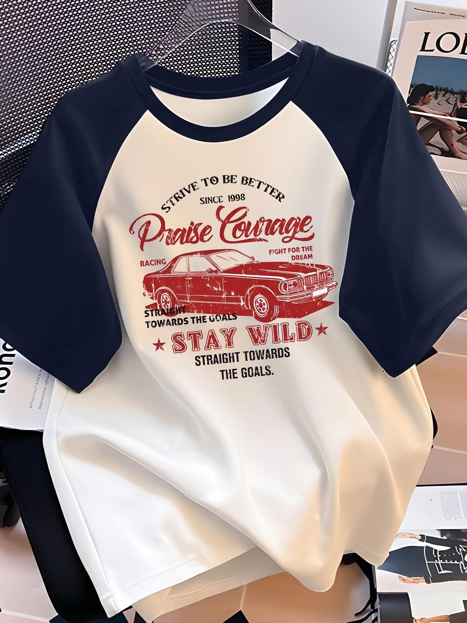 Men'S Casual Crew Neck T-Shirt, Polyester 100% Knit Fabric, Slight Stretch, Regular Fit, Short Sleeves, Summer Raglan Tee with Vintage Racing Print Design