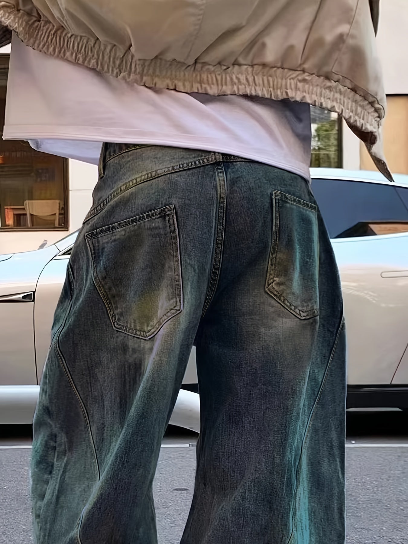Men'S Vintage Washed Loose Faux Denim - High Street Style, Loose Fit, All-Season Comfort