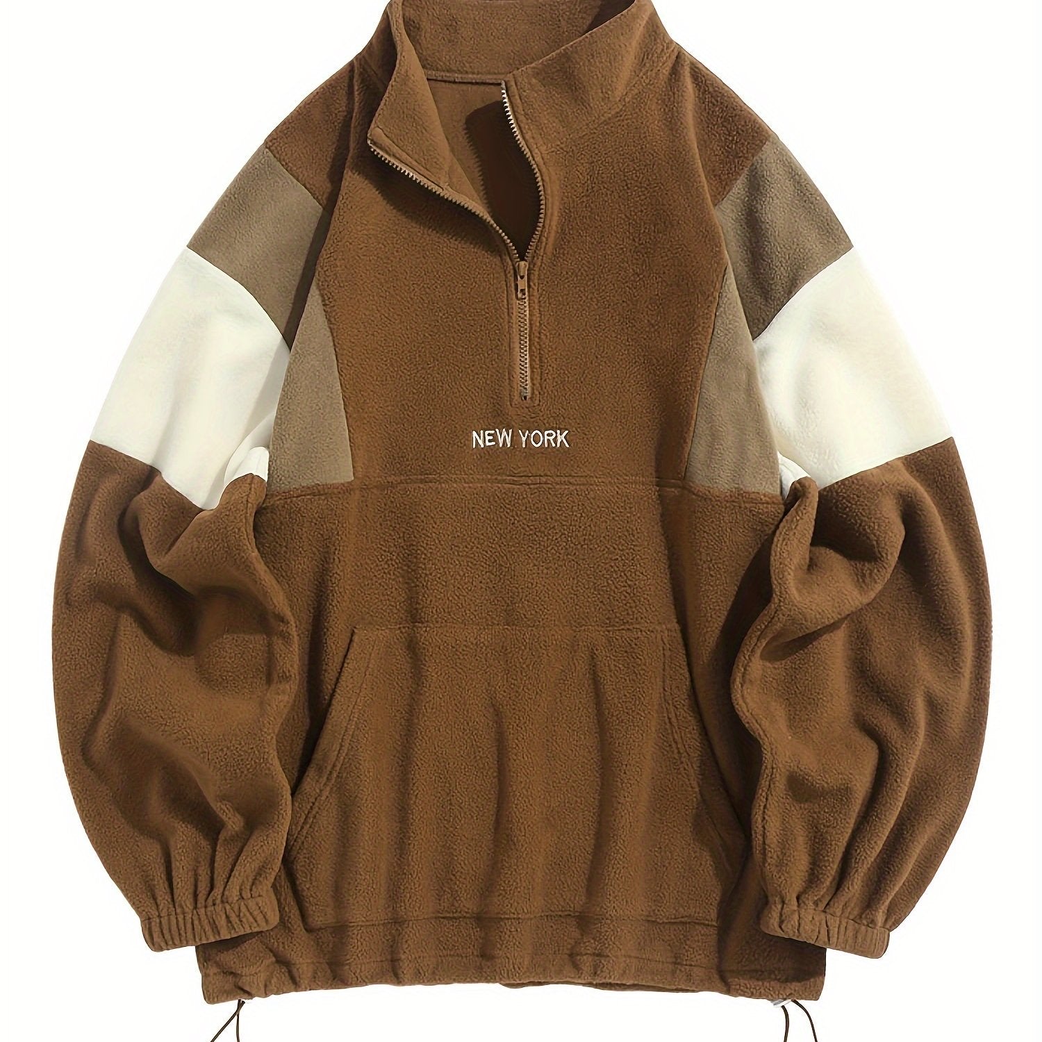 Men's Fluffy Polar Fleece Hoodie with NEW YORK Lettering & Colorblock Design - Half-Zip Stand Collar Sweatshirt, Loose Fit Unisex Pullover for Casual & Athletic Wear, Machine Washable (Black\u002FOlive\u002FBeige)