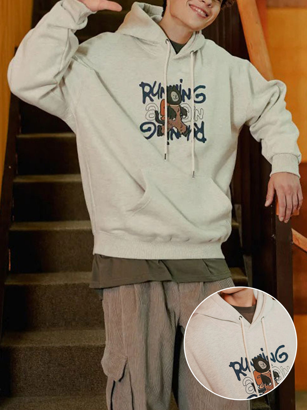 Casual Polyester Hooded Sweatshirt, Geometric Pattern, Slight Stretch, Regular Fit, with Drawstring, for All-Season Pullover Hoodie