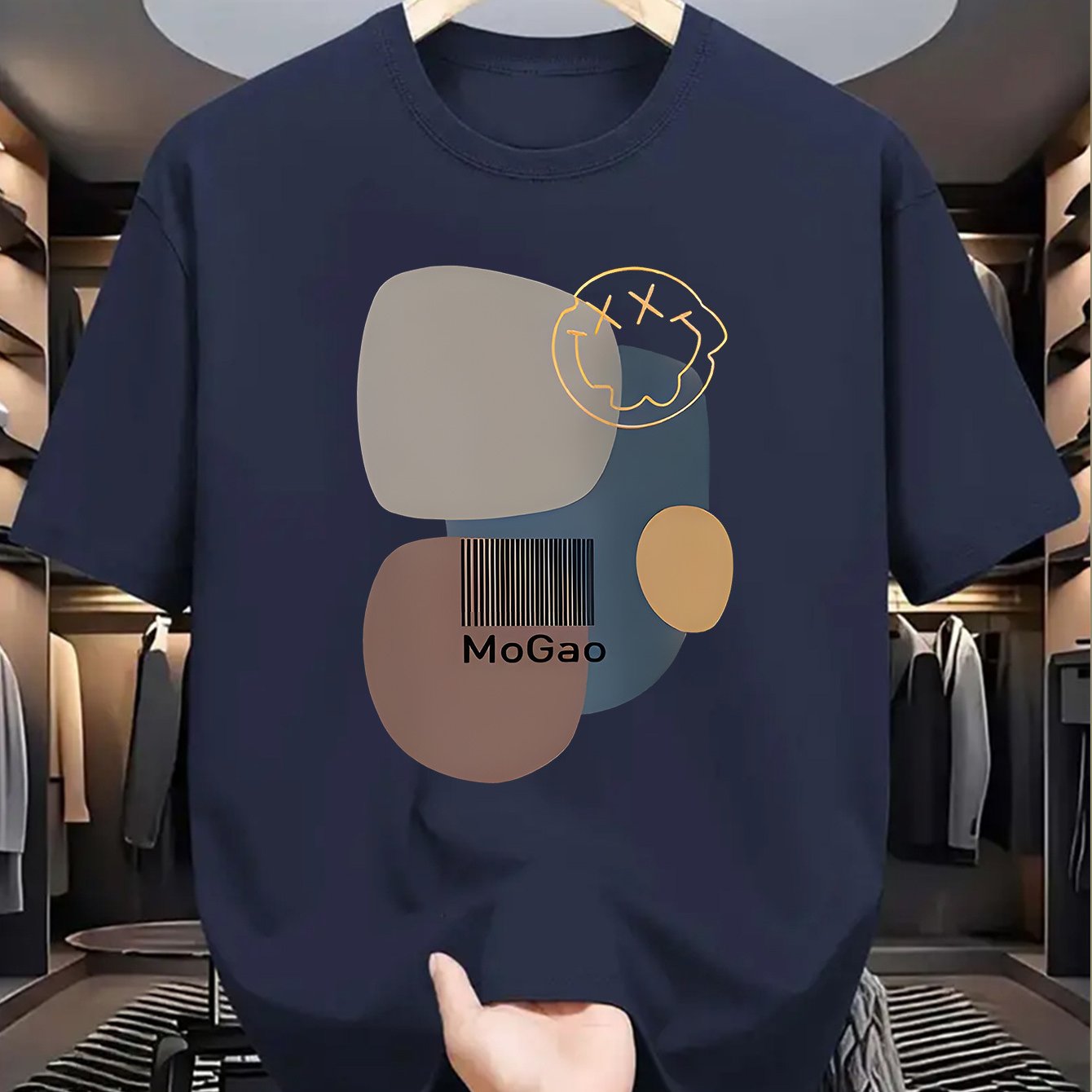 Mogao Men's Casual Short Sleeve T-Shirt - Light Blue Abstract Geometric Print, Breathable Summer Fabric, Regular Fit Round Neck, Machine Washable for Casual Attire, Versatile Fashion Top, Modern Aesthetic Shirt