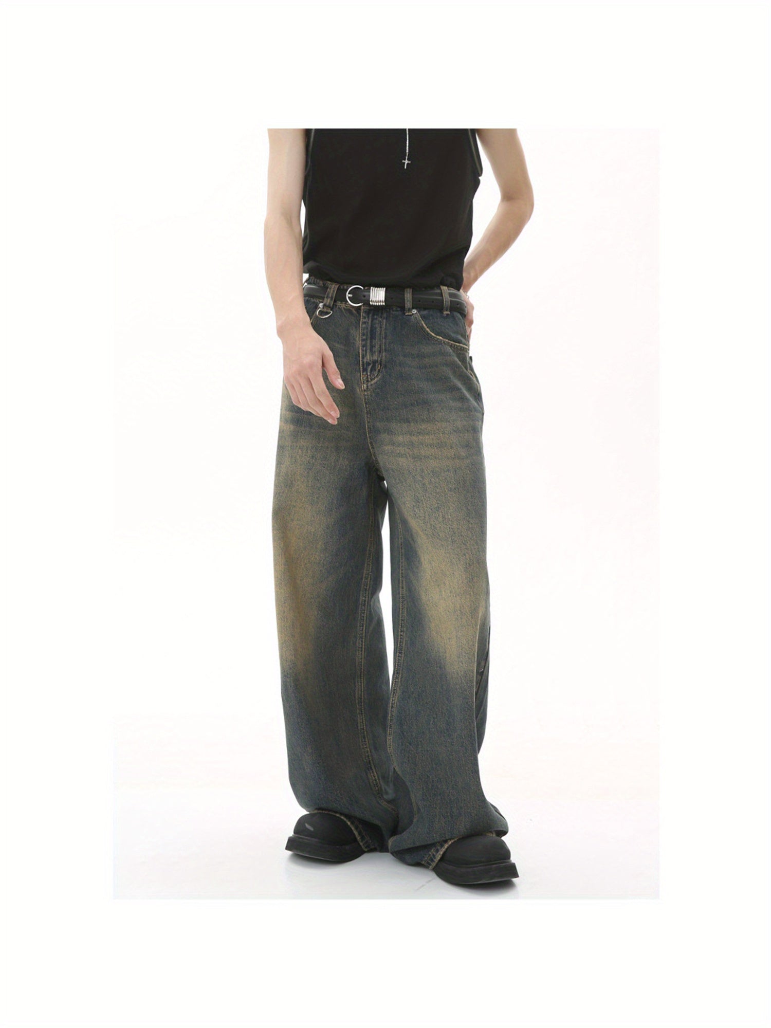 New unisex, all season, retro Hong Kong style, vintage, loose, wide leg, floor length jeans