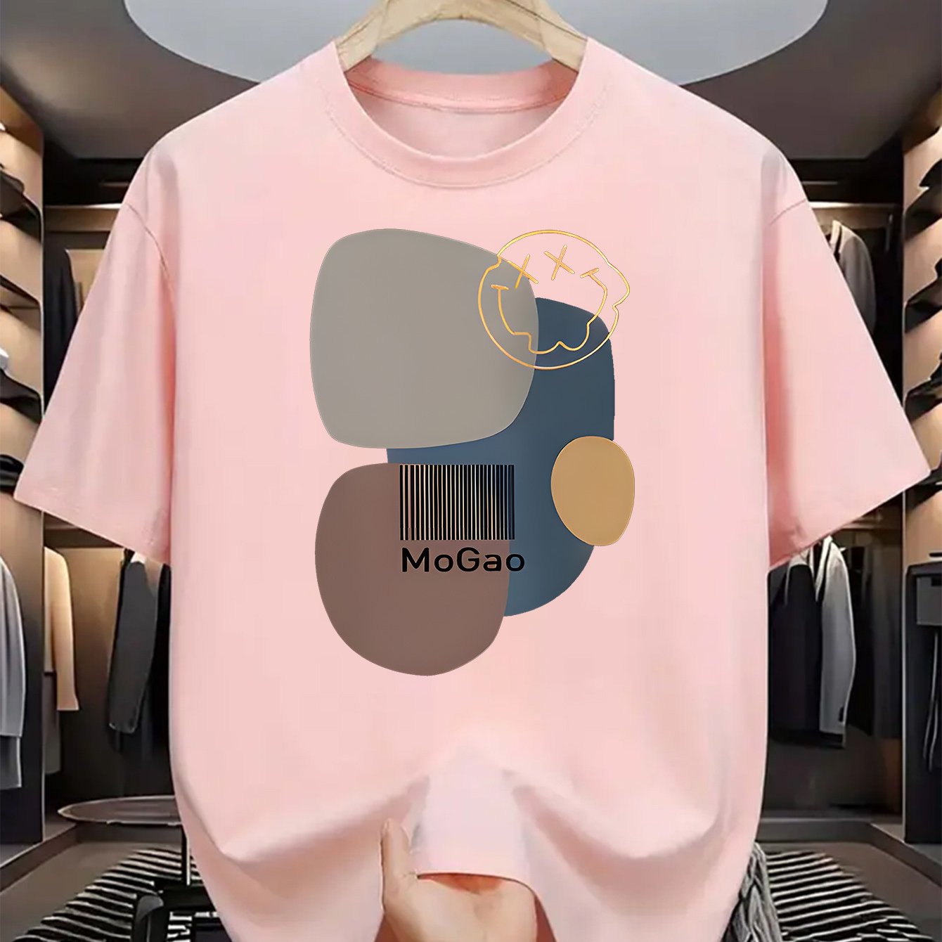 Mogao Men's Casual Short Sleeve T-Shirt - Light Blue Abstract Geometric Print, Breathable Summer Fabric, Regular Fit Round Neck, Machine Washable for Casual Attire, Versatile Fashion Top, Modern Aesthetic Shirt