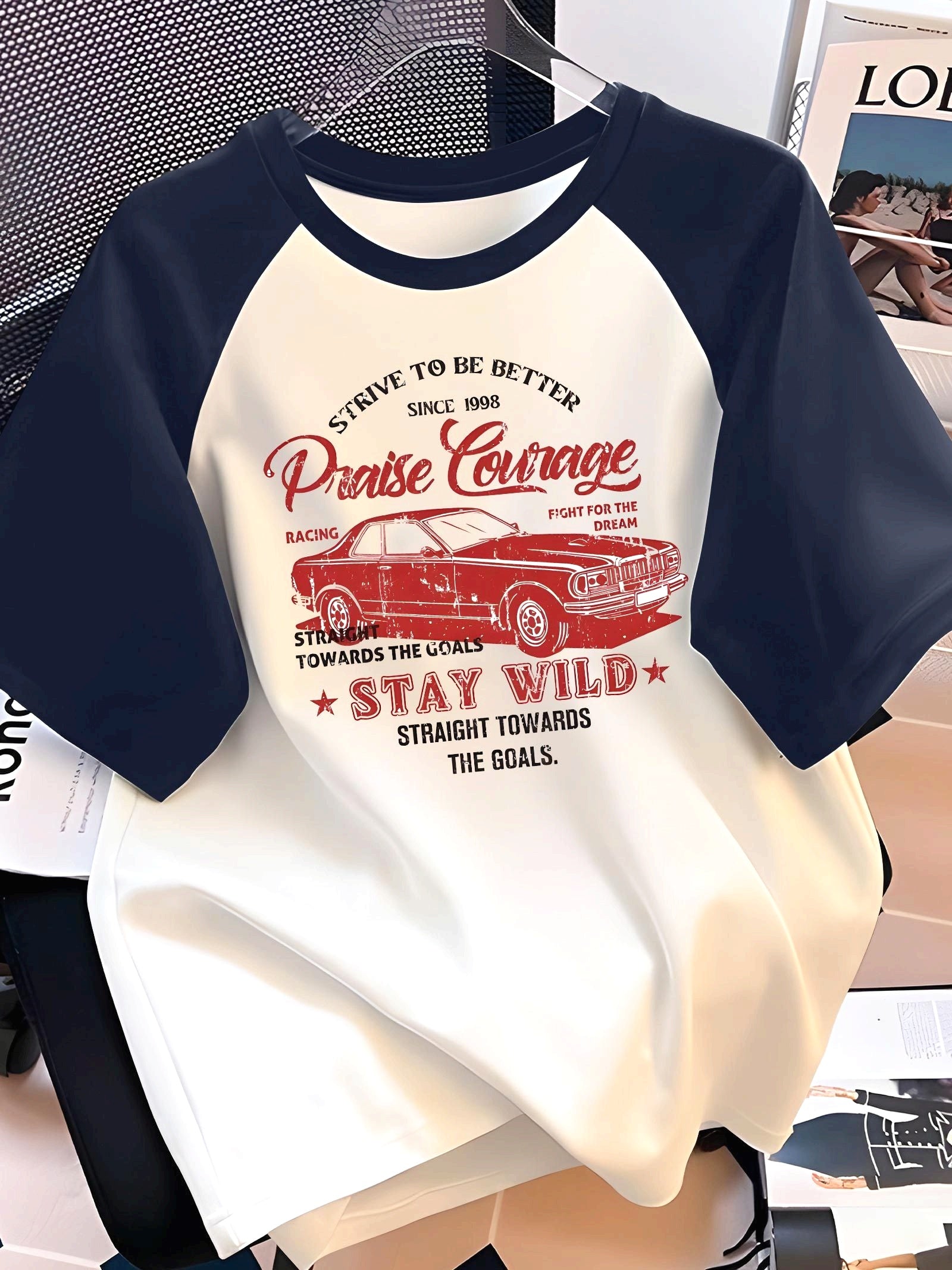 Men'S Casual Crew Neck T-Shirt, Polyester 100% Knit Fabric, Slight Stretch, Regular Fit, Short Sleeves, Summer Raglan Tee with Vintage Racing Print Design