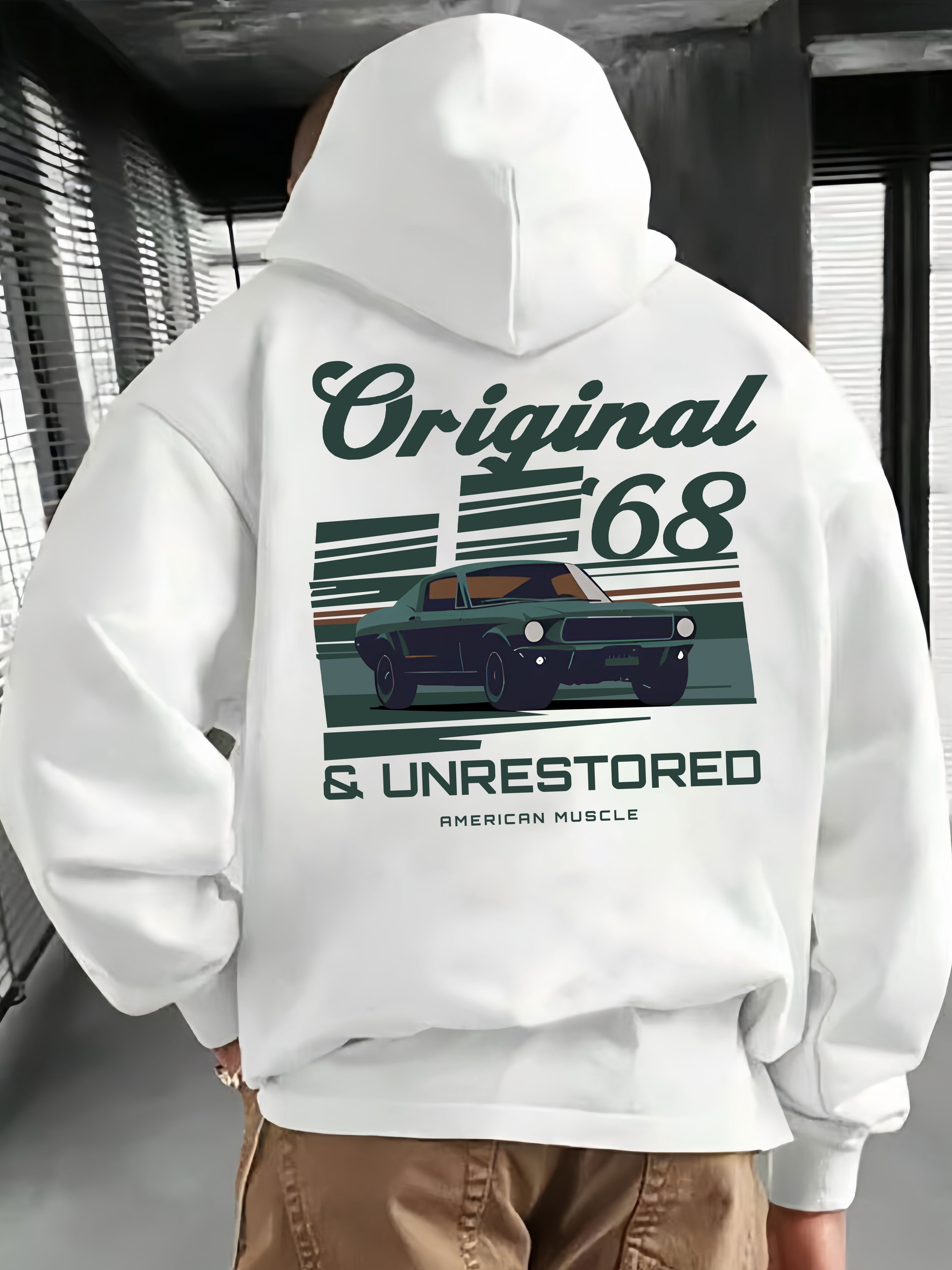 1pc Original 68 & Unrestored American Muscle Vintage Car Print Hoodie for Men - Casual French Terry Pullover with Pockets, Non-Stretch Knit Fabric, Loose Fit Hooded Sweatshirt