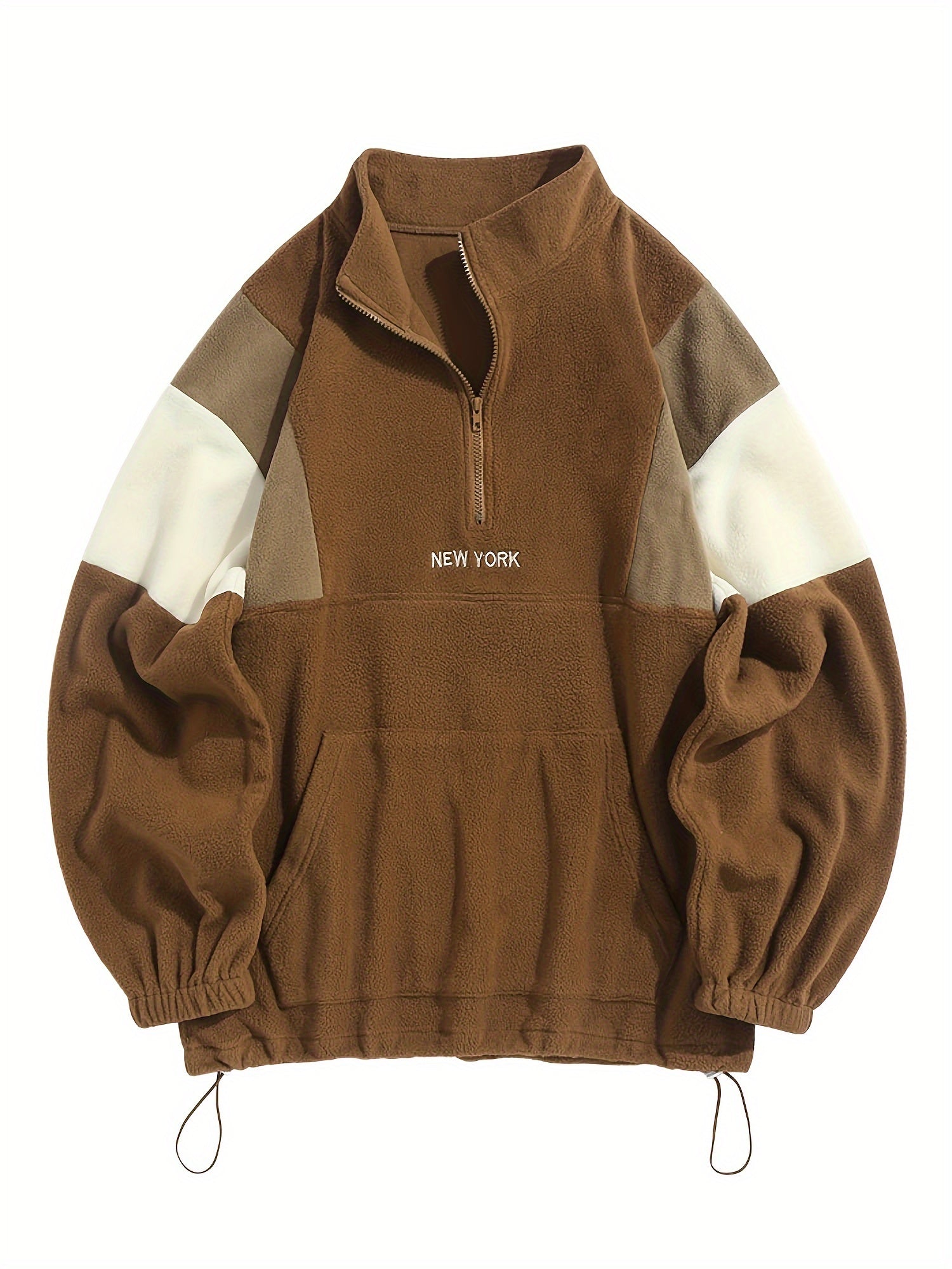 Men's Fluffy Polar Fleece Hoodie with NEW YORK Lettering & Colorblock Design - Half-Zip Stand Collar Sweatshirt, Loose Fit Unisex Pullover for Casual & Athletic Wear, Machine Washable (Black\u002FOlive\u002FBeige)