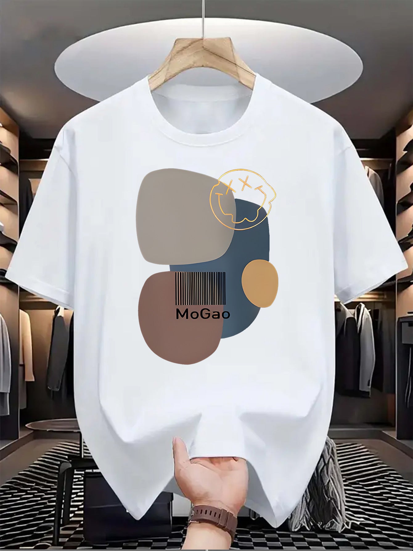 Mogao Men's Casual Short Sleeve T-Shirt - Light Blue Abstract Geometric Print, Breathable Summer Fabric, Regular Fit Round Neck, Machine Washable for Casual Attire, Versatile Fashion Top, Modern Aesthetic Shirt