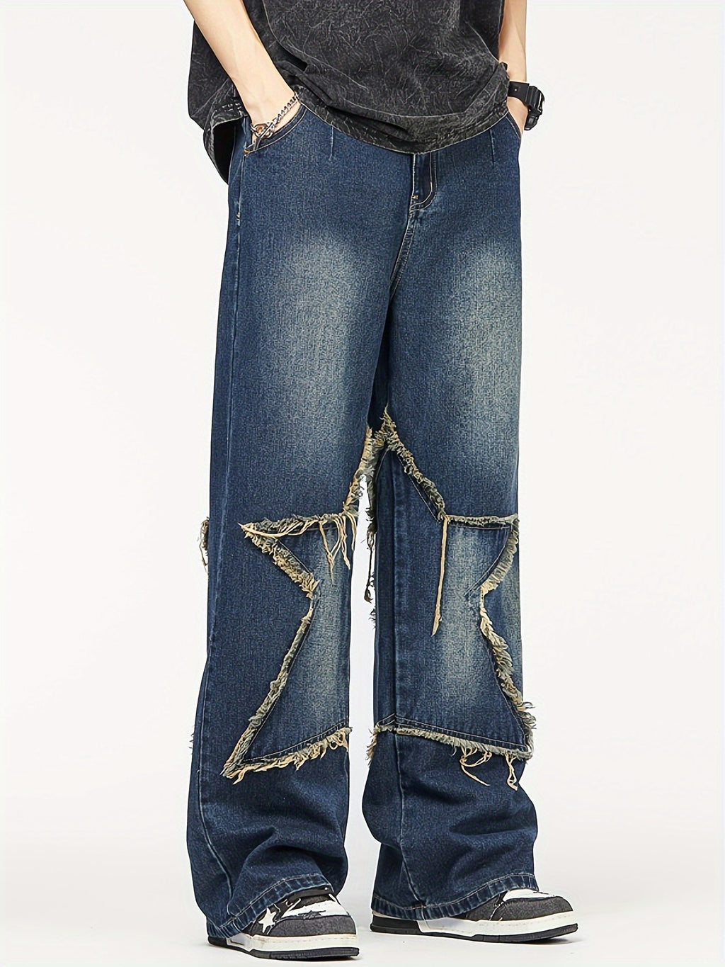 Men'S Fashion Trend Loose Straight-leg Faux Denim, High Street Five-pointed Star Pattern