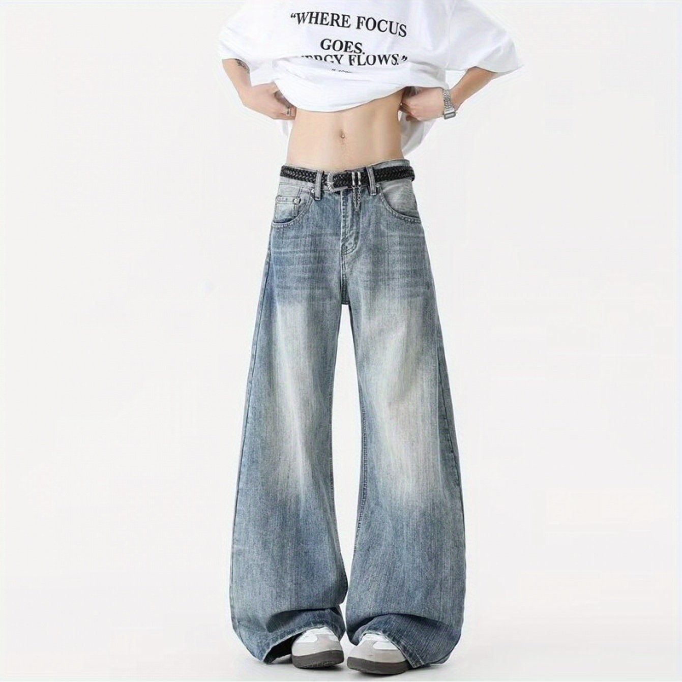 Men'S High-Waisted Wide-Leg Jeans - Vintage Washed Blue Denim, Casual Summer Style with Belt Loops & Pockets, Comfortable Mid-Rise Fit for Casual Attire