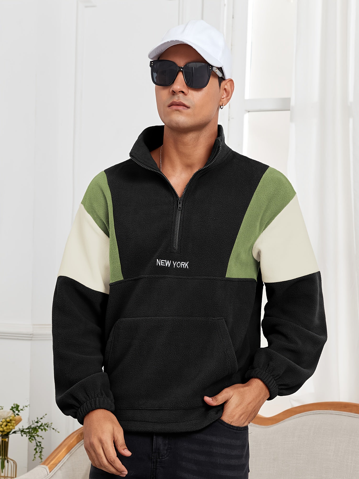 Men's Fluffy Polar Fleece Hoodie with NEW YORK Lettering & Colorblock Design - Half-Zip Stand Collar Sweatshirt, Loose Fit Unisex Pullover for Casual & Athletic Wear, Machine Washable (Black\u002FOlive\u002FBeige)