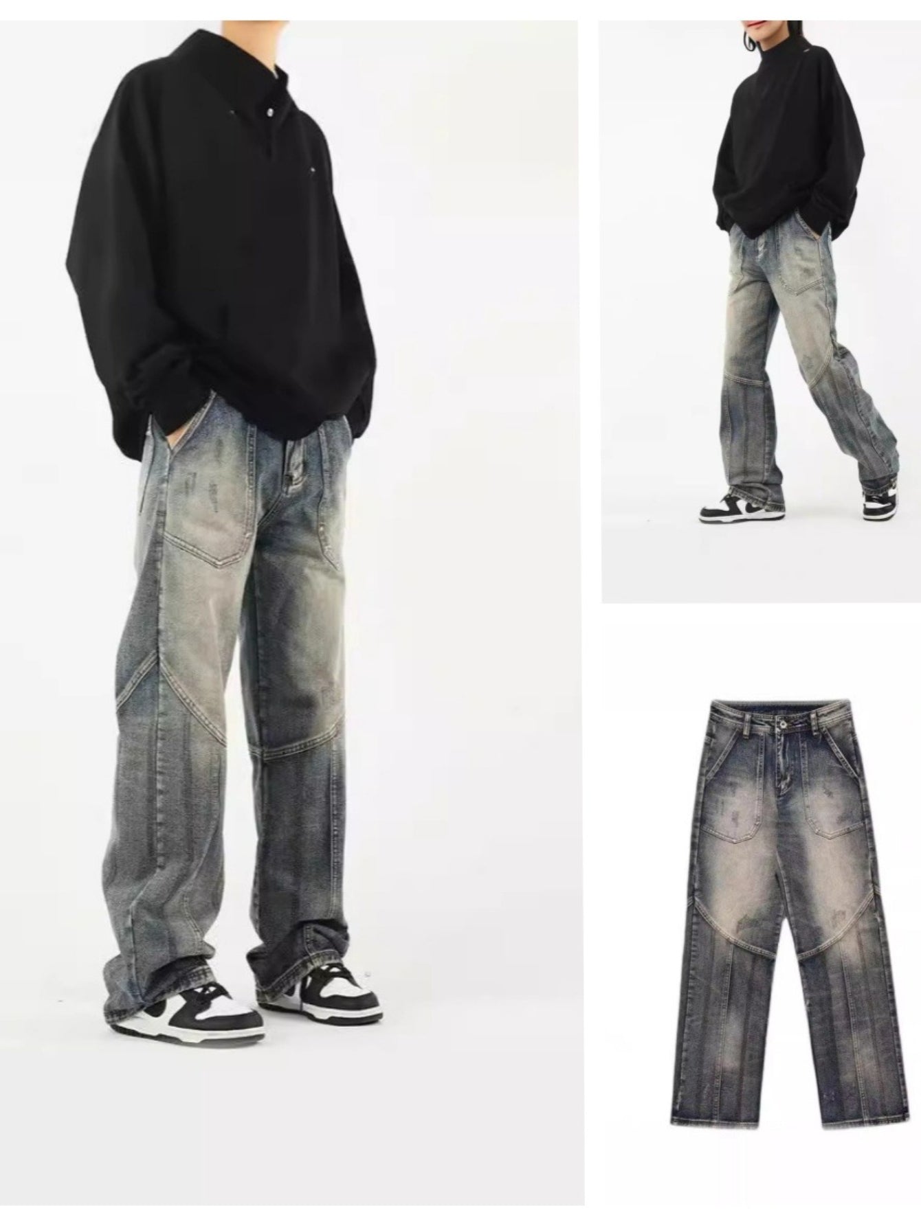 American vintage patchwork jeans Men's trendy topline loose straight pants, Jeans Pant for Men