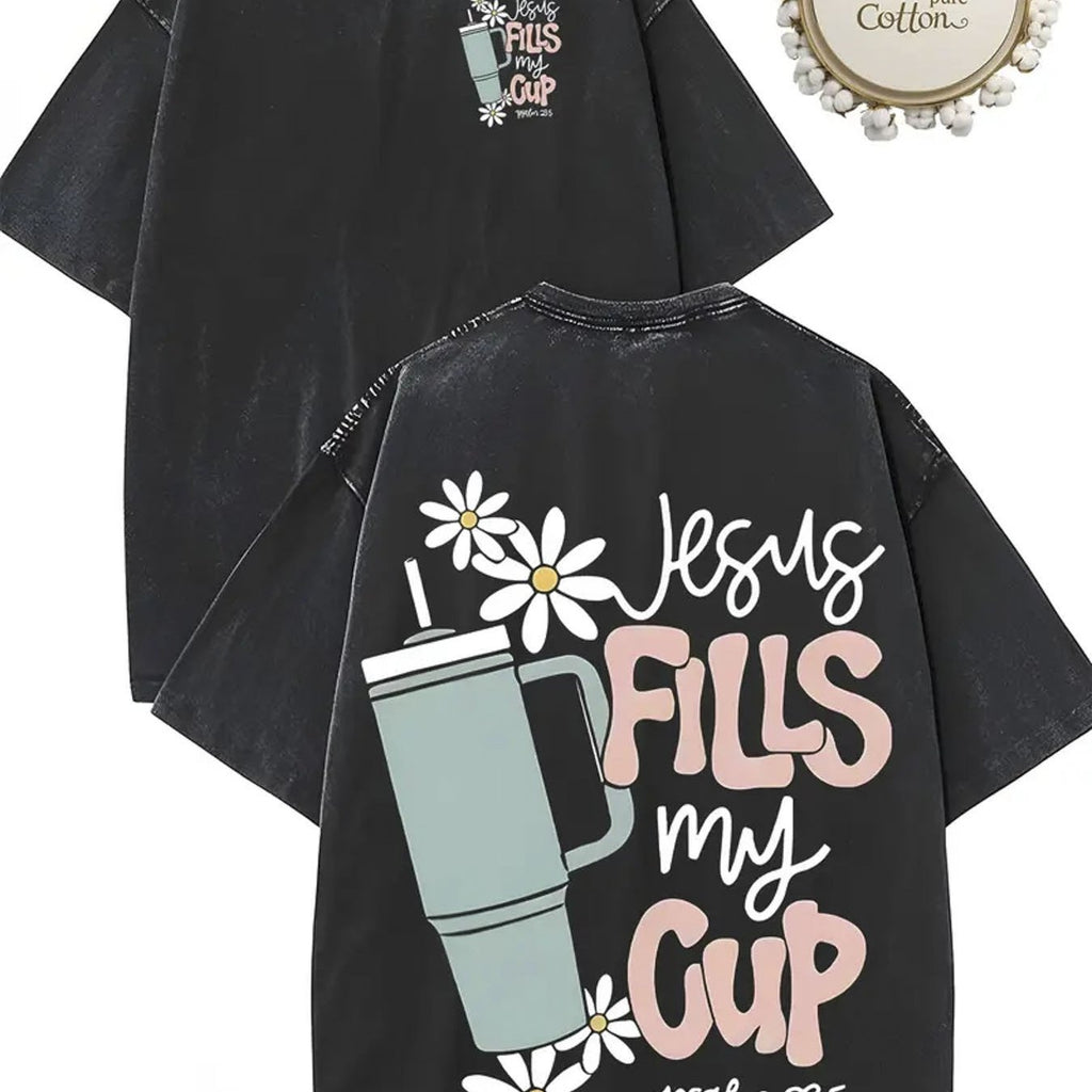 1pc, 230G double-sided washed, Jesus filled my cup printed t-shirt, high-quality wax printed cotton retro fashion brand t-shirt, suitable for summer t-shirt with a certain thickness, holiday gift