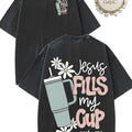 1pc, 230G double-sided washed, Jesus filled my cup printed t-shirt, high-quality wax printed cotton retro fashion brand t-shirt, suitable for summer t-shirt with a certain thickness, holiday gift