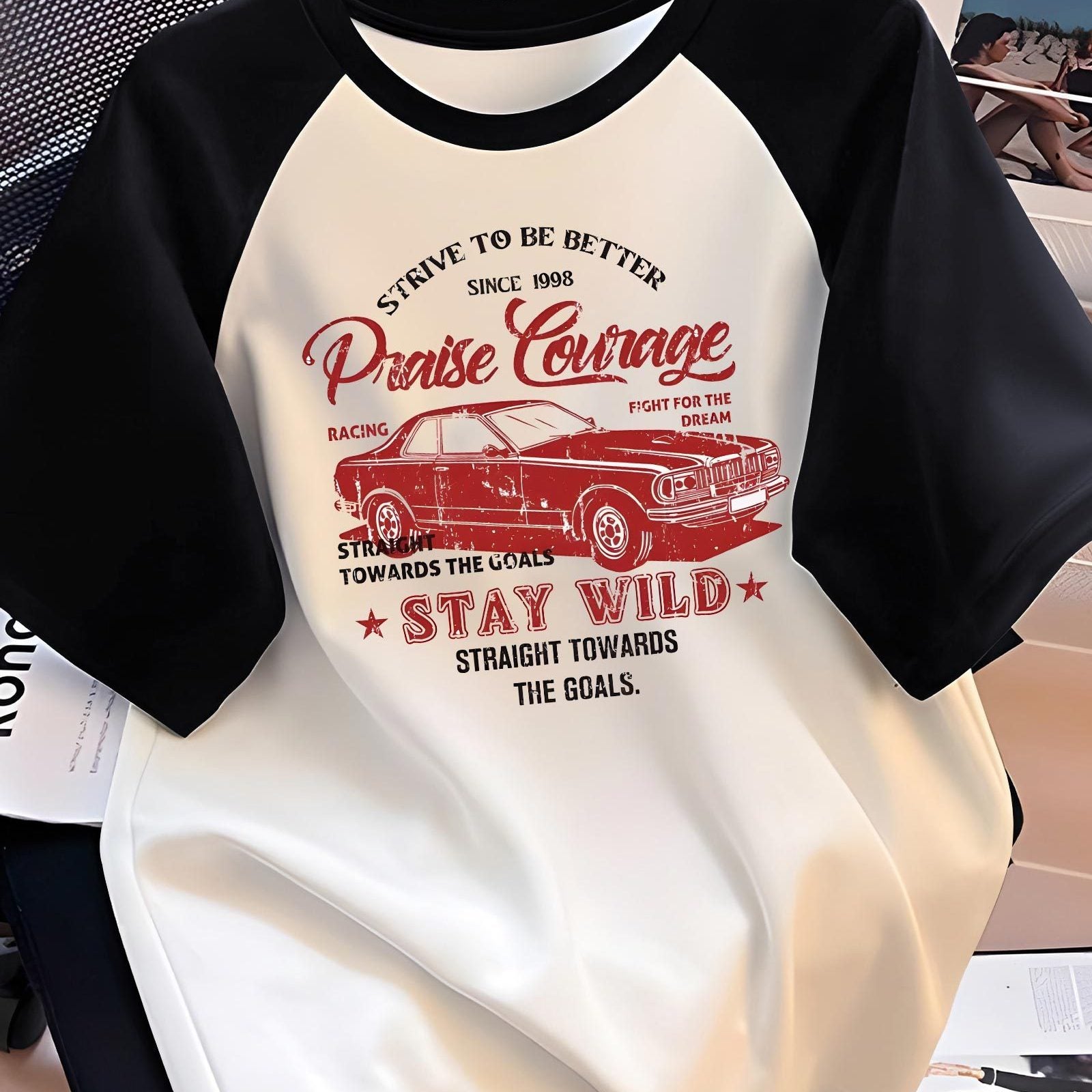 Men'S Casual Crew Neck T-Shirt, Polyester 100% Knit Fabric, Slight Stretch, Regular Fit, Short Sleeves, Summer Raglan Tee with Vintage Racing Print Design