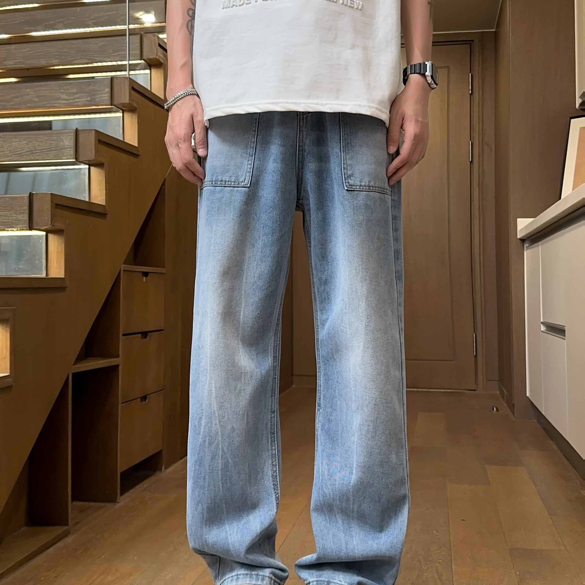 Men's Retro High Waisted Wide Leg Jeans - Straight Leg Mop Pants with Belt & Pockets