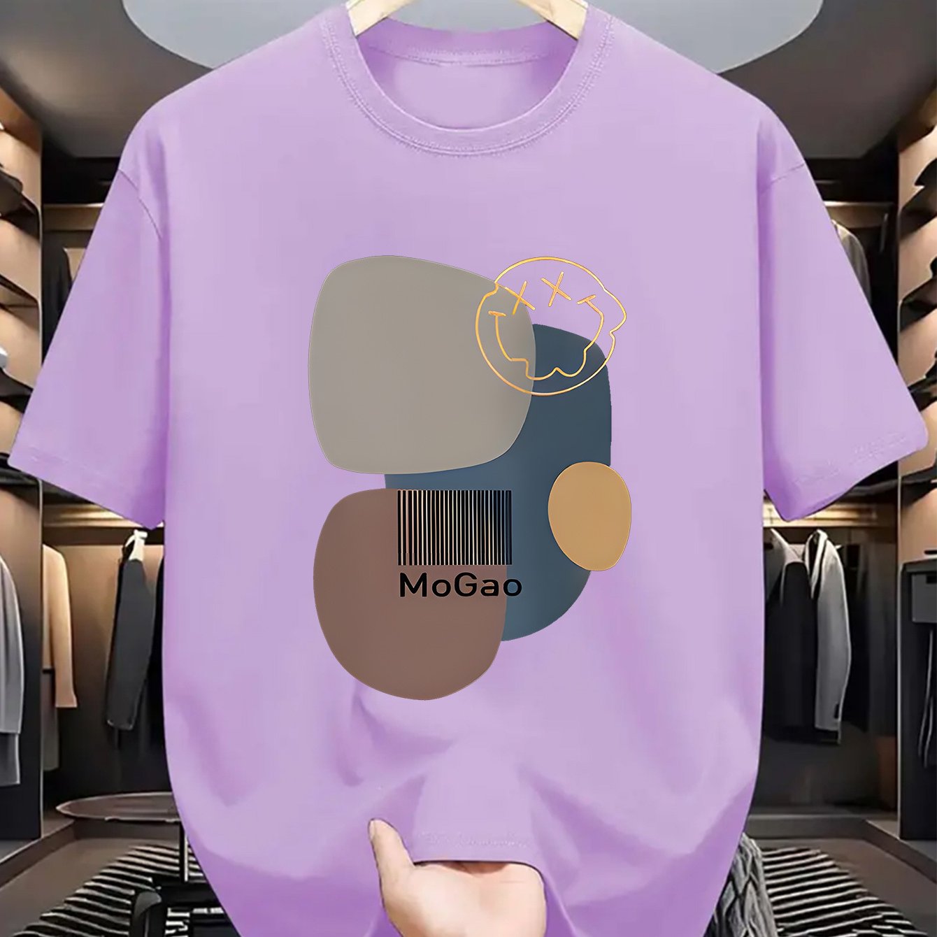 Mogao Men's Casual Short Sleeve T-Shirt - Light Blue Abstract Geometric Print, Breathable Summer Fabric, Regular Fit Round Neck, Machine Washable for Casual Attire, Versatile Fashion Top, Modern Aesthetic Shirt