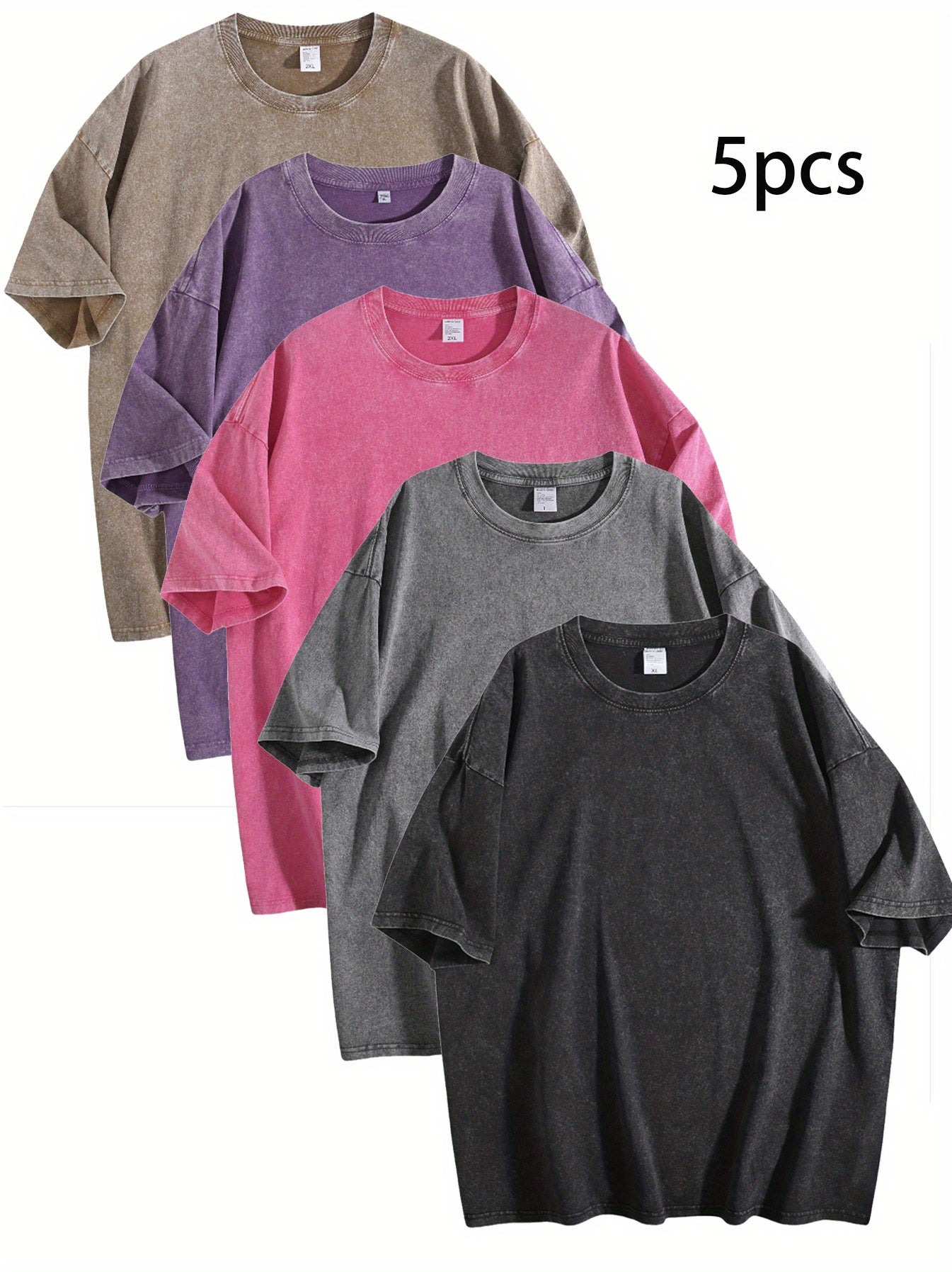 5pcs set of multi-color Men's cotton T-shirt, oversized neutral short sleeved casual loose washable versatile solid color T-shirt