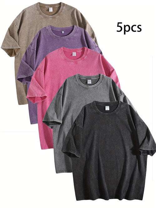 5pcs set of multi-color Men's cotton T-shirt, oversized neutral short sleeved casual loose washable versatile solid color T-shirt