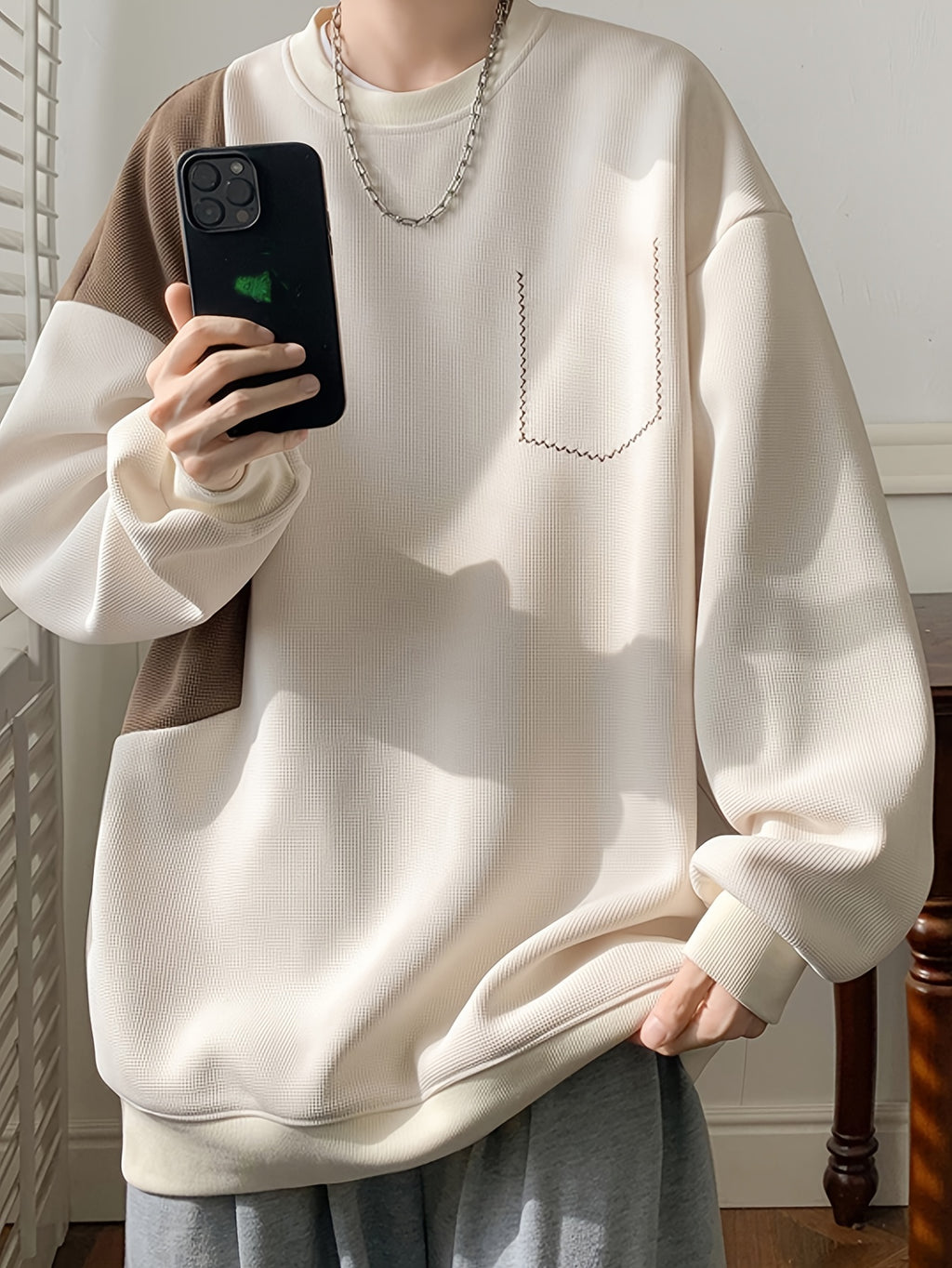 Color Block Sweatshirt Color Block Crew Neck Sweatshirt - Men's Casual, Polyester Blend, Machine Washable, Non-Stretch Fabric