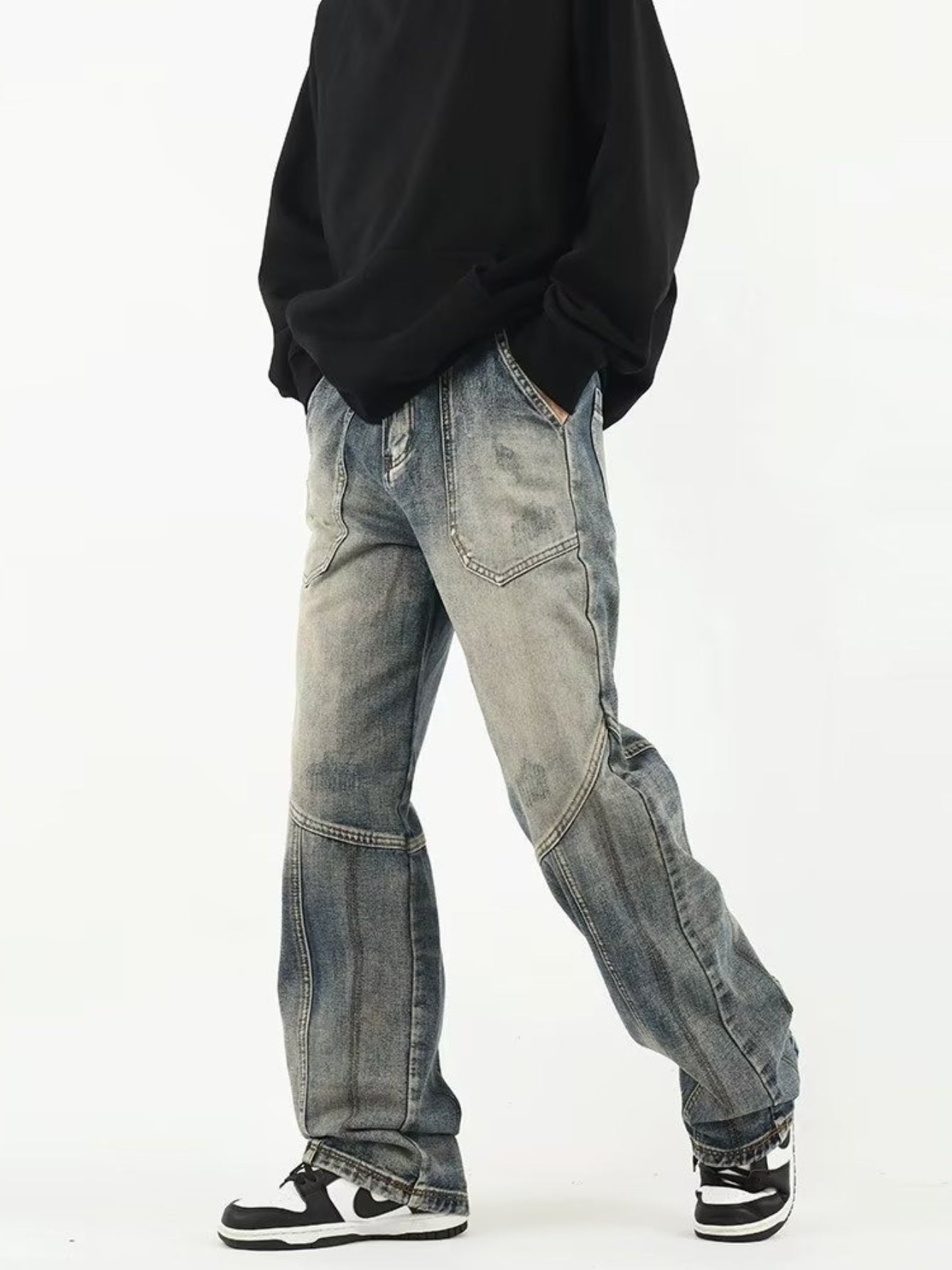 American vintage patchwork jeans Men's trendy topline loose straight pants, Jeans Pant for Men