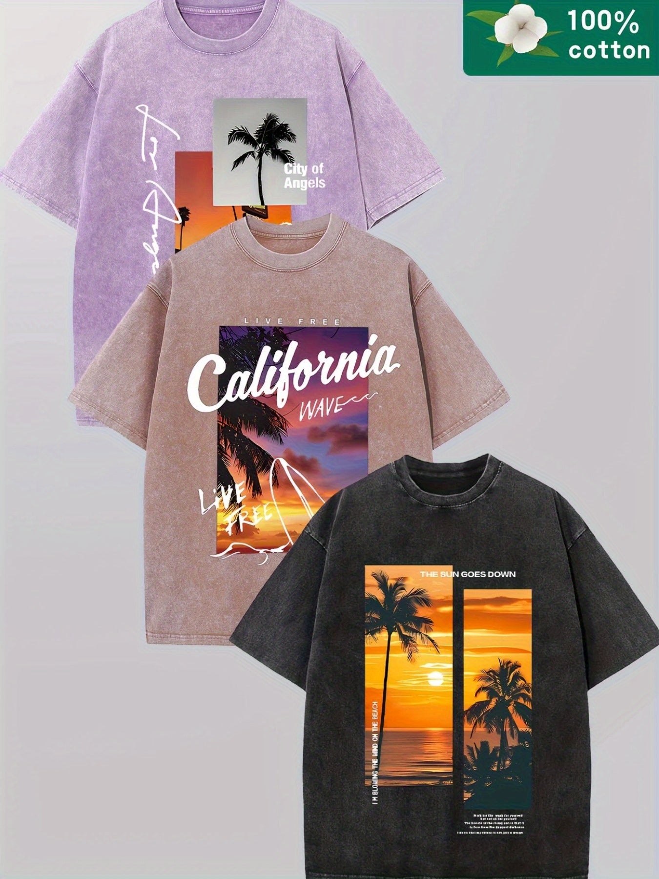 Three-pack Coconut Tree - Washed Vintage Dyed 100% Cotton Men'S Round Neck Short Sleeve Street Wear Batik Process Can Be Used As A Gift