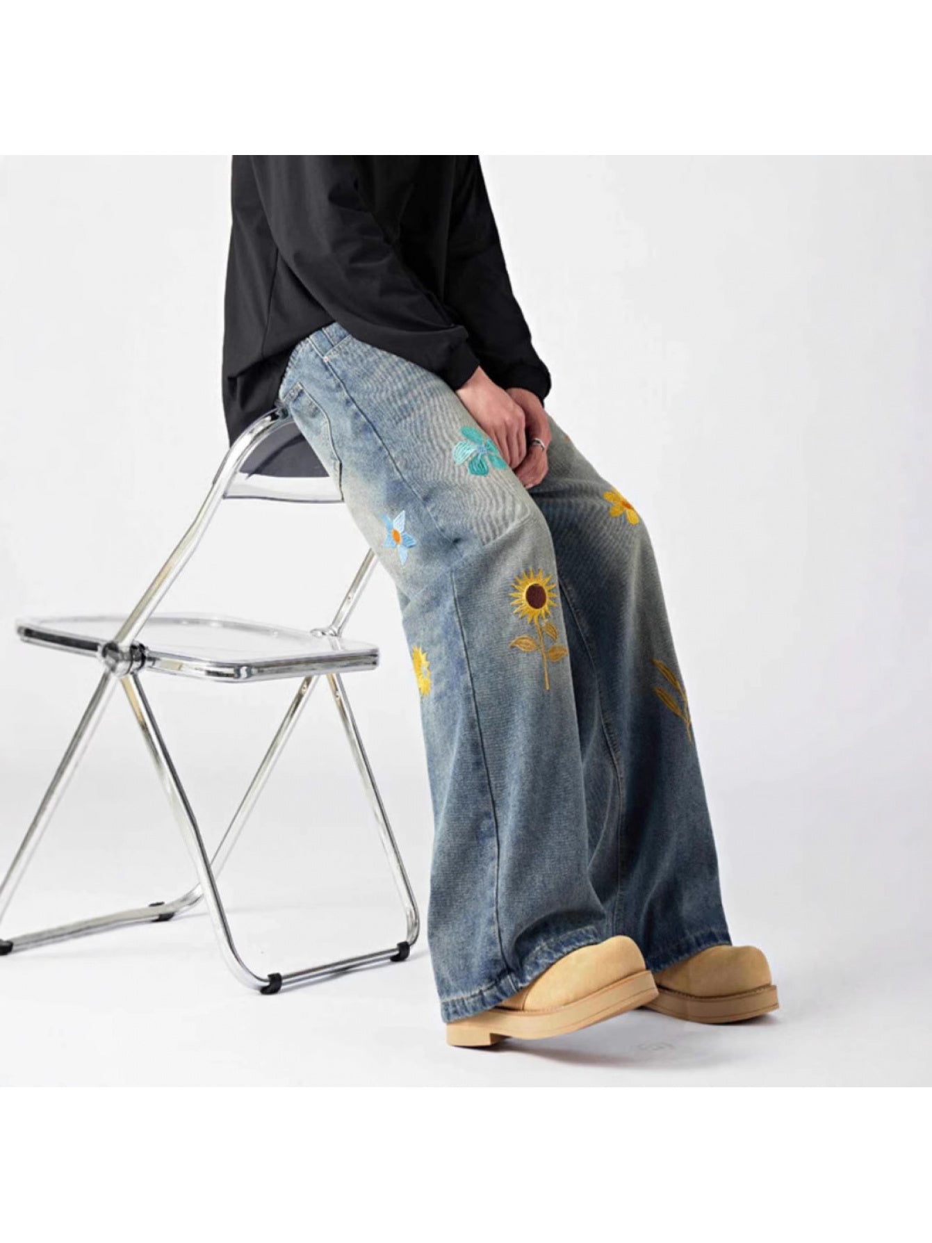 Men'S Vintage Washed Faux Denim - Non-Stretch Straight Leg Pants with Floral embroidery