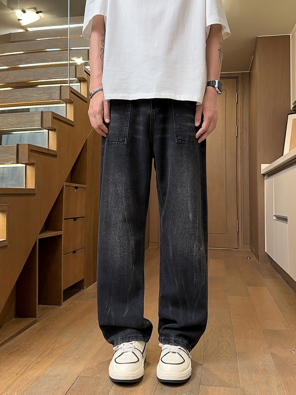 Men's Retro High Waisted Wide Leg Jeans - Straight Leg Mop Pants with Belt & Pockets