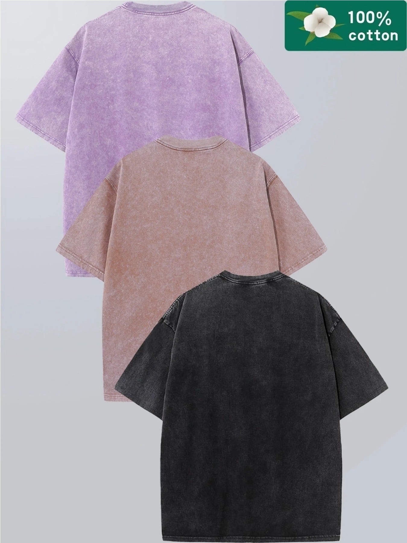 Three-pack Coconut Tree - Washed Vintage Dyed 100% Cotton Men'S Round Neck Short Sleeve Street Wear Batik Process Can Be Used As A Gift